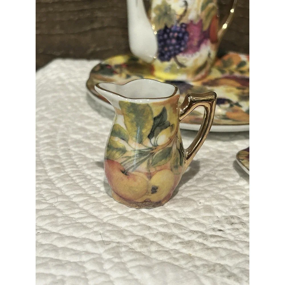 Vintage Miniature 10 Piece Chinese Porcelain Tea Set Fruit Design Gold Trim EUC‎